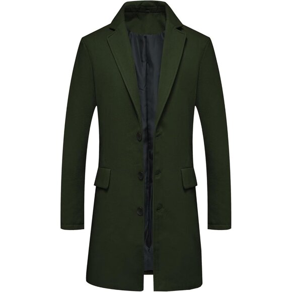 Lisskolo Other - Men's Army Green Classic Wool Single Breasted Mid Long Trench Overcoat Jackets
